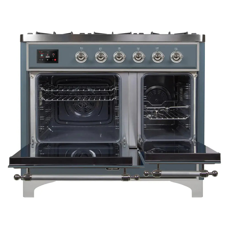 ILVE 40-Inch Majestic II Dual Fuel Range with 6 Sealed Burners and Removable Griddle - 3.82 cu. ft. Oven in Blue Grey with Chrome Trim (UMD10FDNS3BGC)