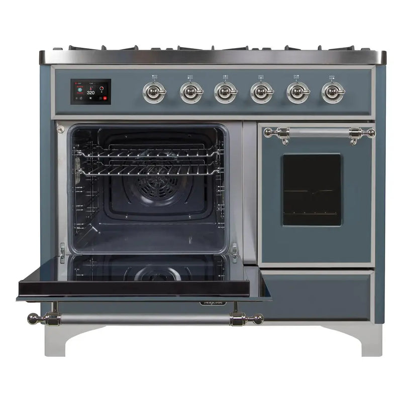 ILVE 40-Inch Majestic II Dual Fuel Range with 6 Sealed Burners and Removable Griddle - 3.82 cu. ft. Oven in Blue Grey with Chrome Trim (UMD10FDNS3BGC)