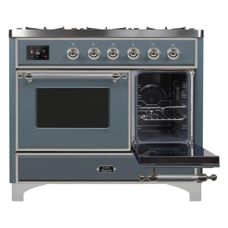 ILVE 40-Inch Majestic II Dual Fuel Range with 6 Sealed Burners and Removable Griddle - 3.82 cu. ft. Oven in Blue Grey with Chrome Trim (UMD10FDNS3BGC)