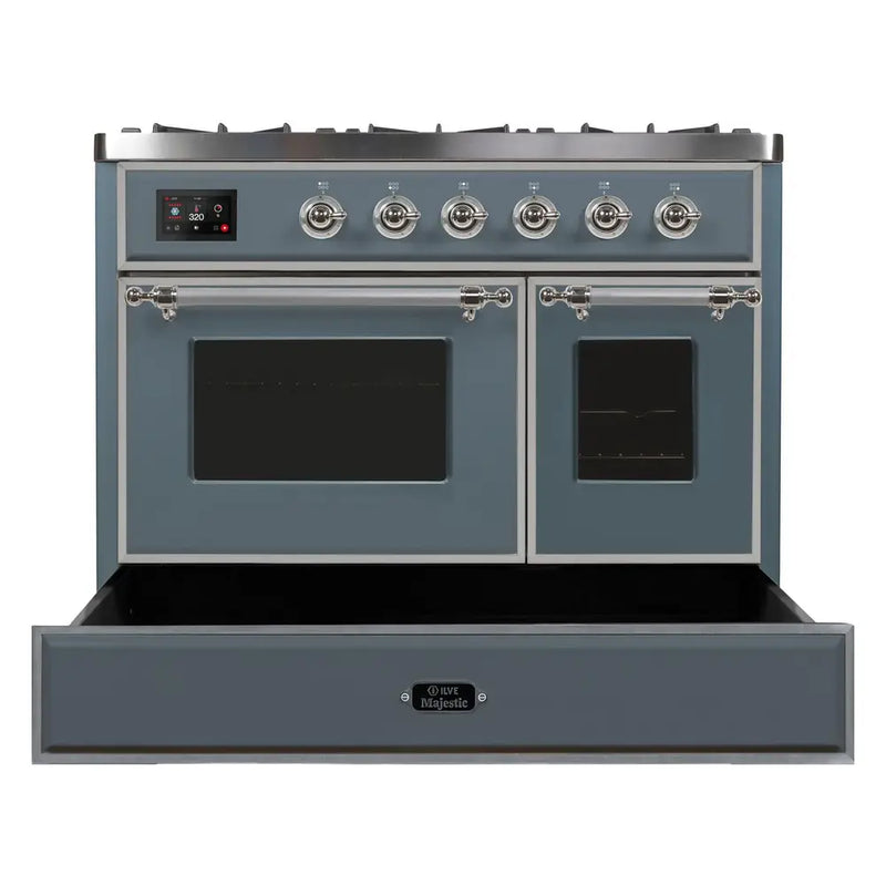 ILVE 40-Inch Majestic II Dual Fuel Range with 6 Sealed Burners and Removable Griddle - 3.82 cu. ft. Oven in Blue Grey with Chrome Trim (UMD10FDNS3BGC)