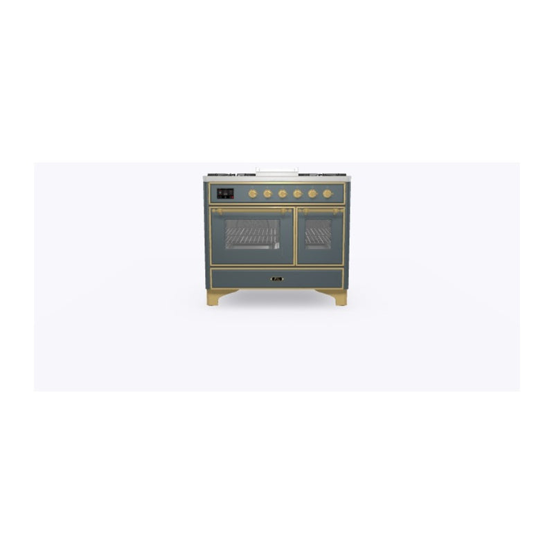 ILVE 40-Inch Majestic II Dual Fuel Range with 6 Sealed Burners and Removable Griddle - 3.82 cu. ft. Oven in Blue Grey with Brass Trim (UMD10FDNS3BGG)