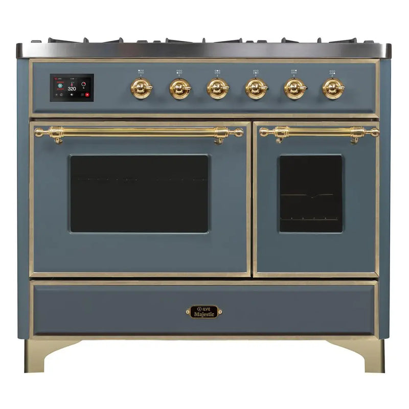 ILVE 40-Inch Majestic II Dual Fuel Range with 6 Sealed Burners and Removable Griddle - 3.82 cu. ft. Oven in Blue Grey with Brass Trim (UMD10FDNS3BGG)