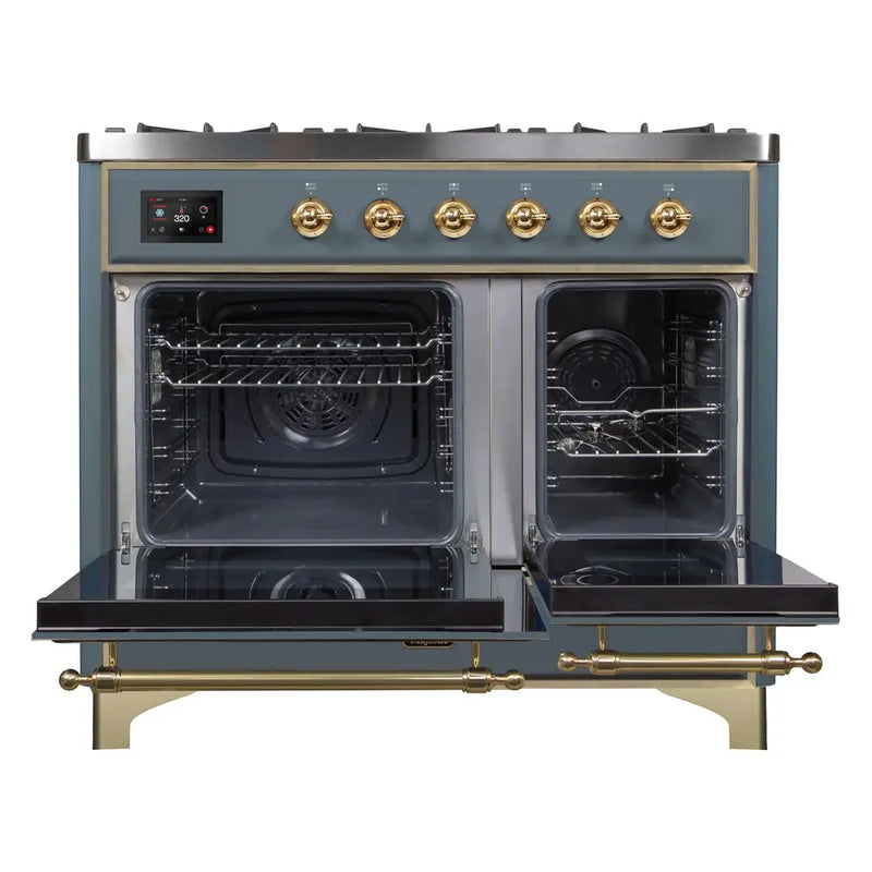 ILVE 40-Inch Majestic II Dual Fuel Range with 6 Sealed Burners and Removable Griddle - 3.82 cu. ft. Oven in Blue Grey with Brass Trim (UMD10FDNS3BGG)