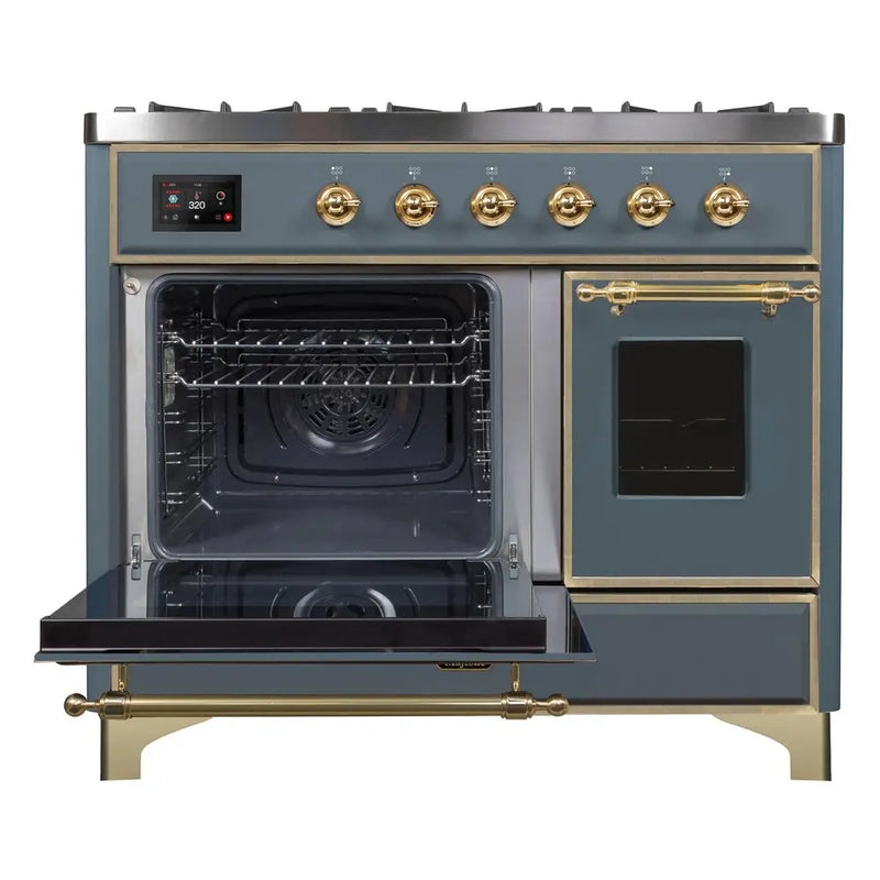 ILVE 40-Inch Majestic II Dual Fuel Range with 6 Sealed Burners and Removable Griddle - 3.82 cu. ft. Oven in Blue Grey with Brass Trim (UMD10FDNS3BGG)