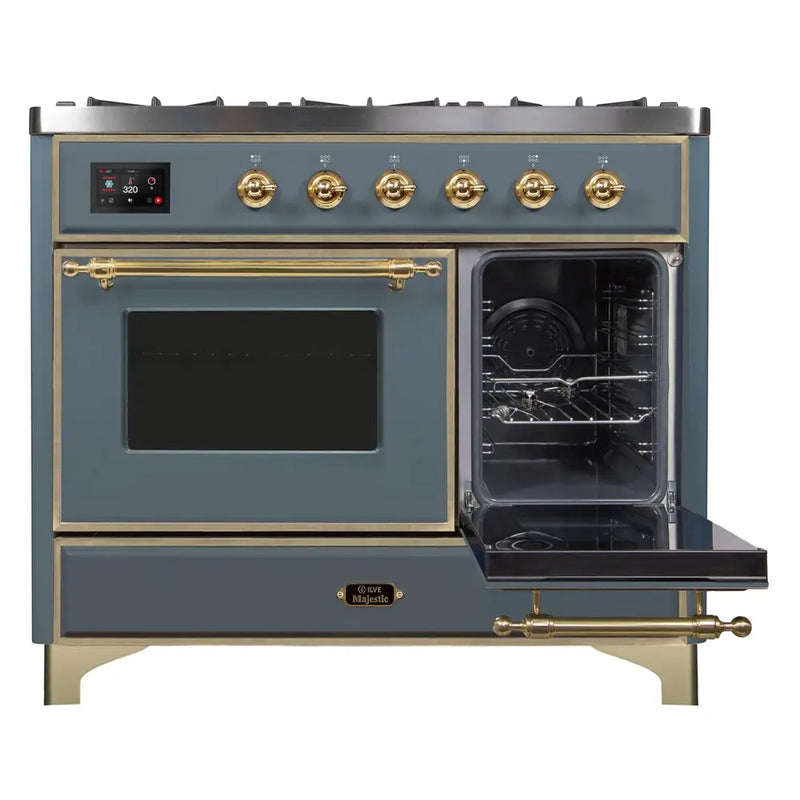 ILVE 40-Inch Majestic II Dual Fuel Range with 6 Sealed Burners and Removable Griddle - 3.82 cu. ft. Oven in Blue Grey with Brass Trim (UMD10FDNS3BGG)