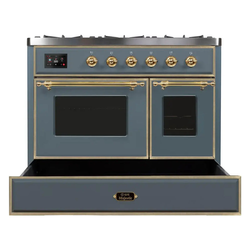 ILVE 40-Inch Majestic II Dual Fuel Range with 6 Sealed Burners and Removable Griddle - 3.82 cu. ft. Oven in Blue Grey with Brass Trim (UMD10FDNS3BGG)