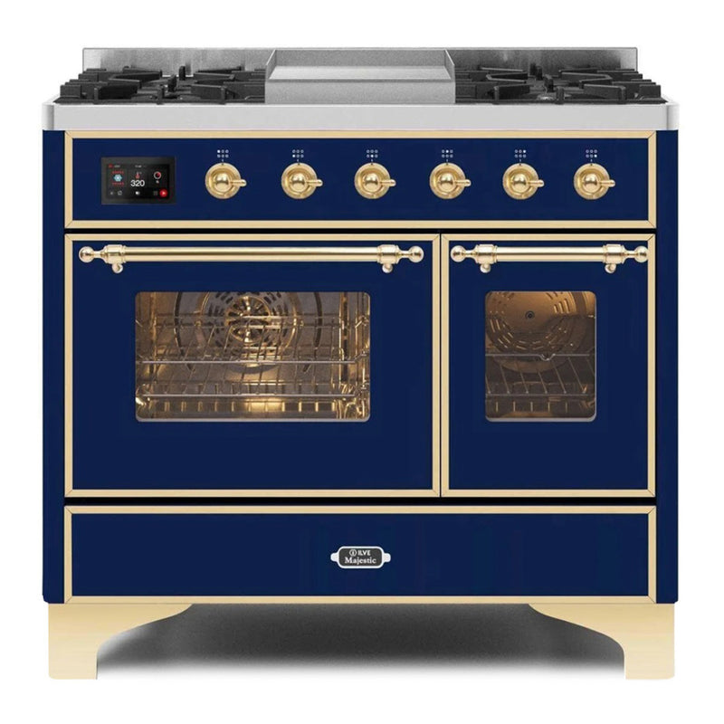 ILVE 40-Inch Majestic II Dual Fuel Range with 6 Sealed Burners and Removable Griddle - 3.82 cu. ft. Oven in Midnight Blue with Brass Trim (UMD10FDNS3MBG)