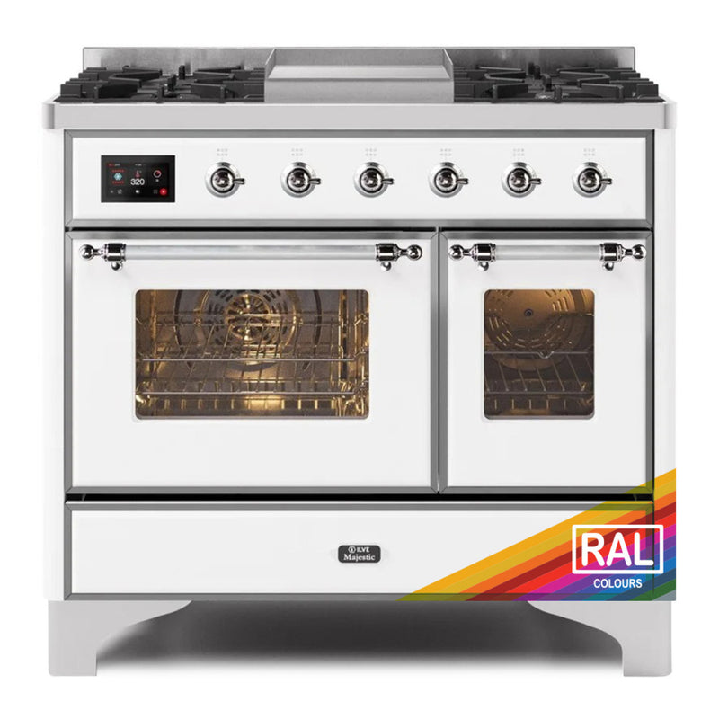 ILVE 40-Inch Majestic II Dual Fuel Range with 6 Sealed Burners and Removable Griddle - 3.82 cu. ft. Oven in Custom RAL with Chrome Trim (UMD10FDNS3RALC)