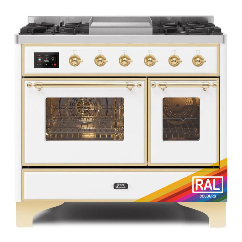 ILVE 40-Inch Majestic II Dual Fuel Range with 6 Sealed Burners and Removable Griddle - 3.82 cu. ft. Oven - Brass Trim in Custom RAL Color (UMD10FDNS3RALG)