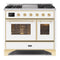 ILVE 40-Inch Majestic II Dual Fuel Range with 6 Sealed Burners and Removable Griddle - 3.82 cu. ft. Oven in White with Brass Trim  (UMD10FDNS3WHG)