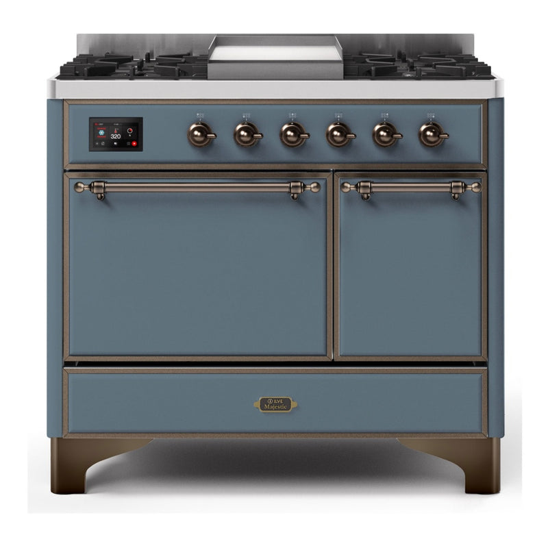 ILVE 40-Inch Majestic II Series Freestanding Dual Fuel Solid Door Double Oven Range with 6 Sealed Burners in Blue Grey with Bronze Trim (UMD10FDQNS3BGB)