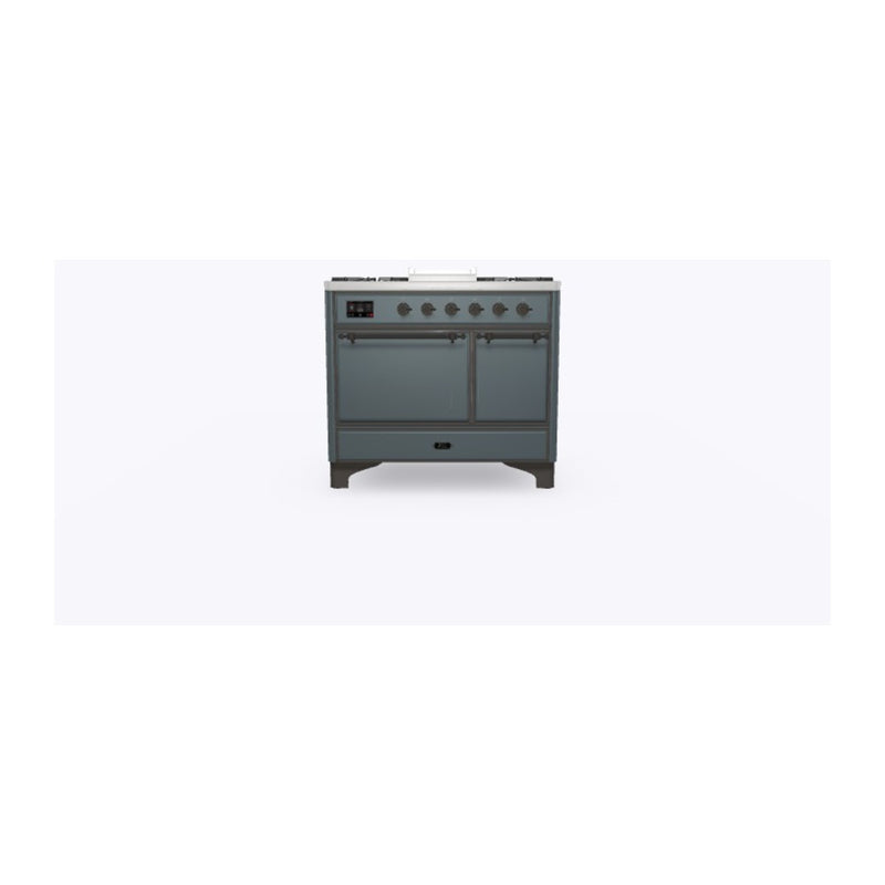 ILVE 40-Inch Majestic II Series Freestanding Dual Fuel Solid Door Double Oven Range with 6 Sealed Burners in Blue Grey with Bronze Trim (UMD10FDQNS3BGB)