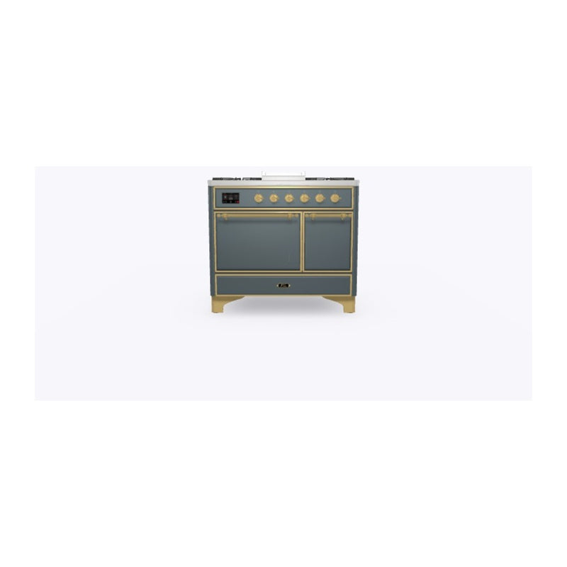 ILVE 40-Inch Majestic II Series Freestanding Dual Fuel Solid Door Double Oven Range with 6 Sealed Burners in Blue Grey with Brass Trim (UMD10FDQNS3BGG)