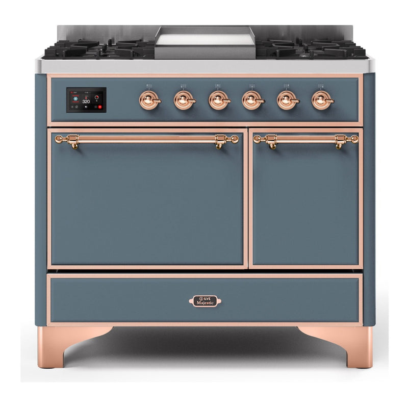 ILVE 40-Inch Majestic II Series Freestanding Dual Fuel Solid Door Double Oven Range with 6 Sealed Burners in Blue Grey with Copper Trim (UMD10FDQNS3BGP)