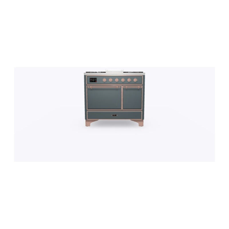 ILVE 40-Inch Majestic II Series Freestanding Dual Fuel Solid Door Double Oven Range with 6 Sealed Burners in Blue Grey with Copper Trim (UMD10FDQNS3BGP)