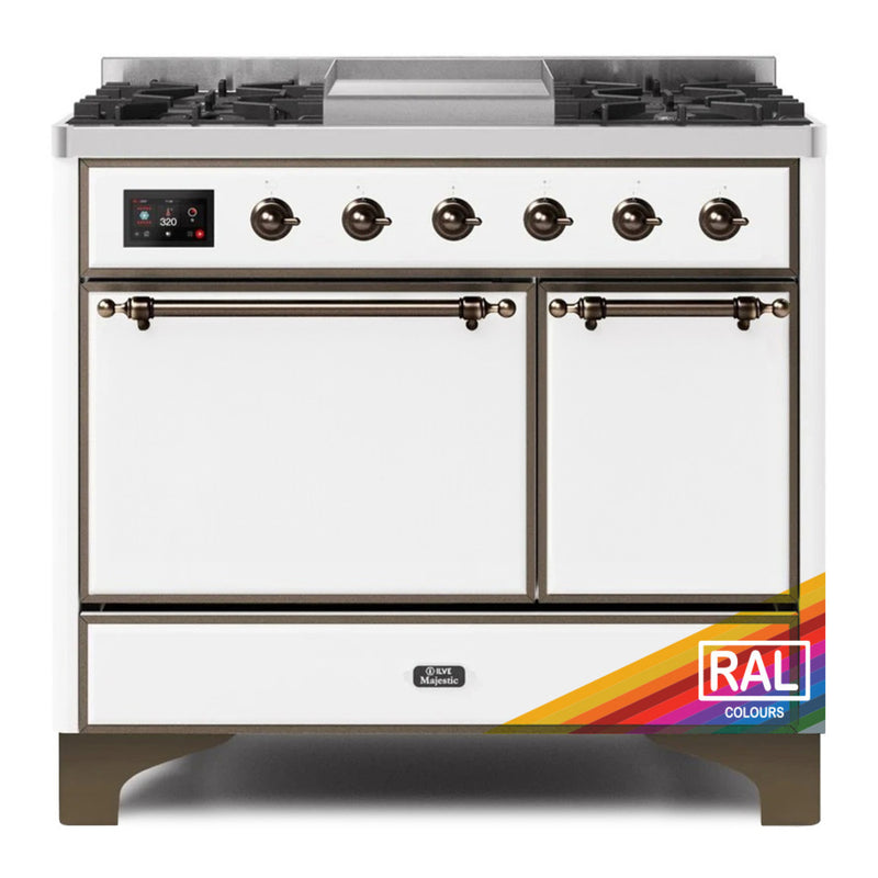 ILVE 40-Inch Majestic II Dual Fuel Range with 6 Sealed Burners and Removable Griddle with 3.82 cu. ft. Solid Doors Oven in Custom RAL with Bronze Trim  (UMD10FDQNS3RALB)