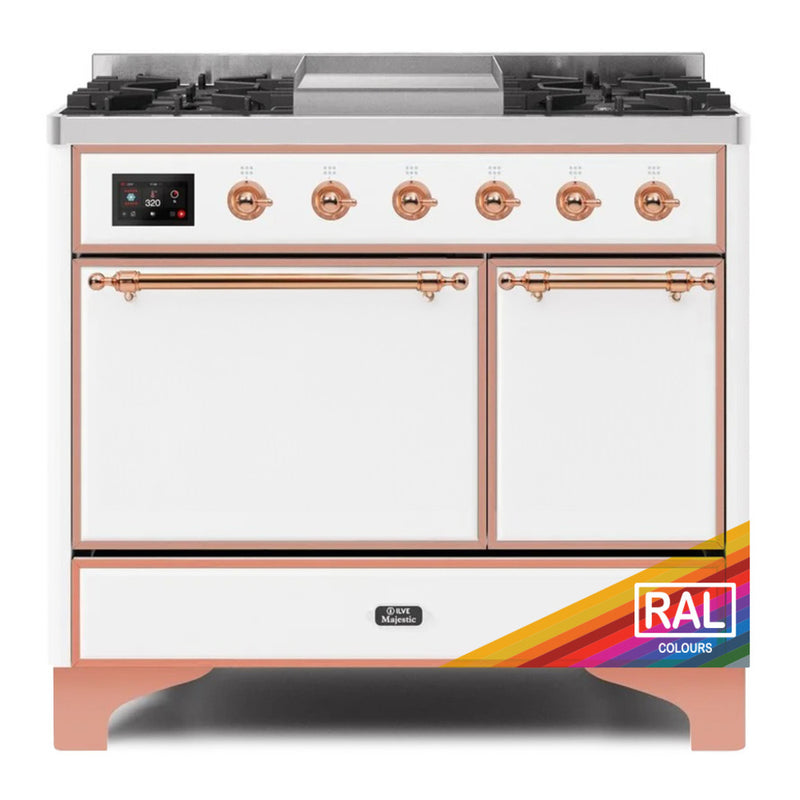 ILVE 40-Inch Majestic II Dual Fuel Range with 6 Sealed Burners and Removable Griddle with 3.82 cu. ft. Solid Door Oven in Copper Trim in Custom RAL Color (UMD10FDQNS3RALP)