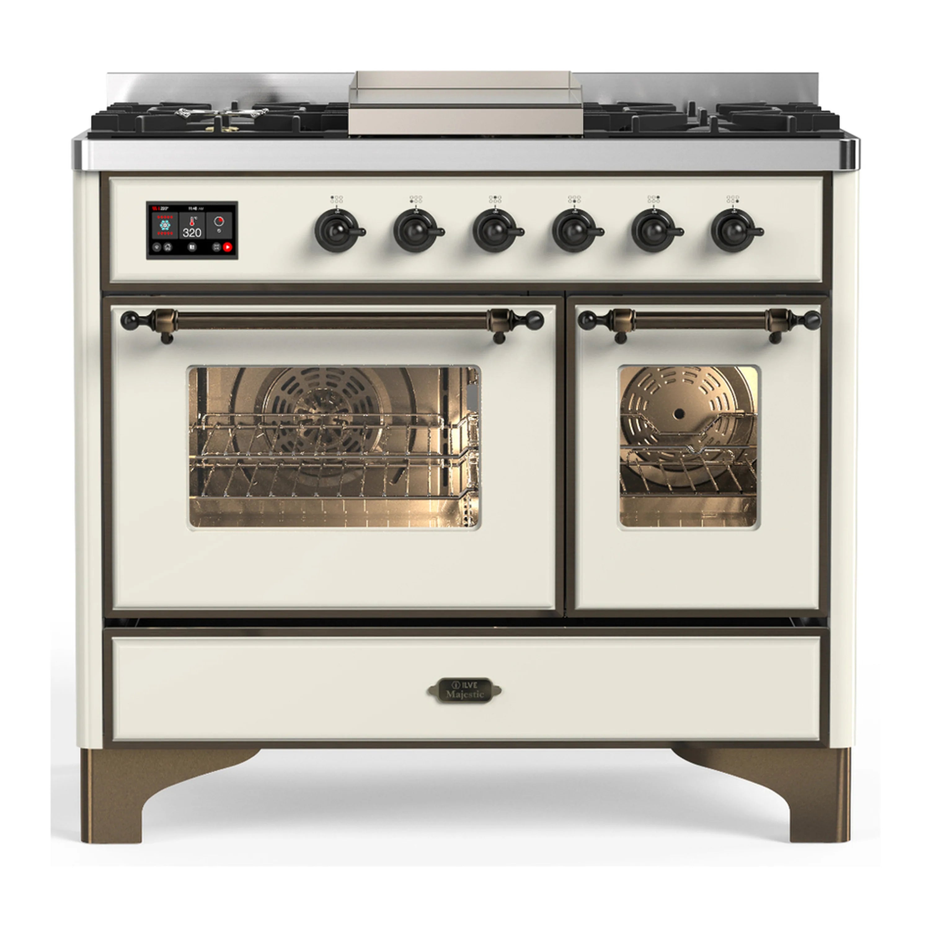 Antique white dual fuel range with two lit oven windows, burner controls, and drawer