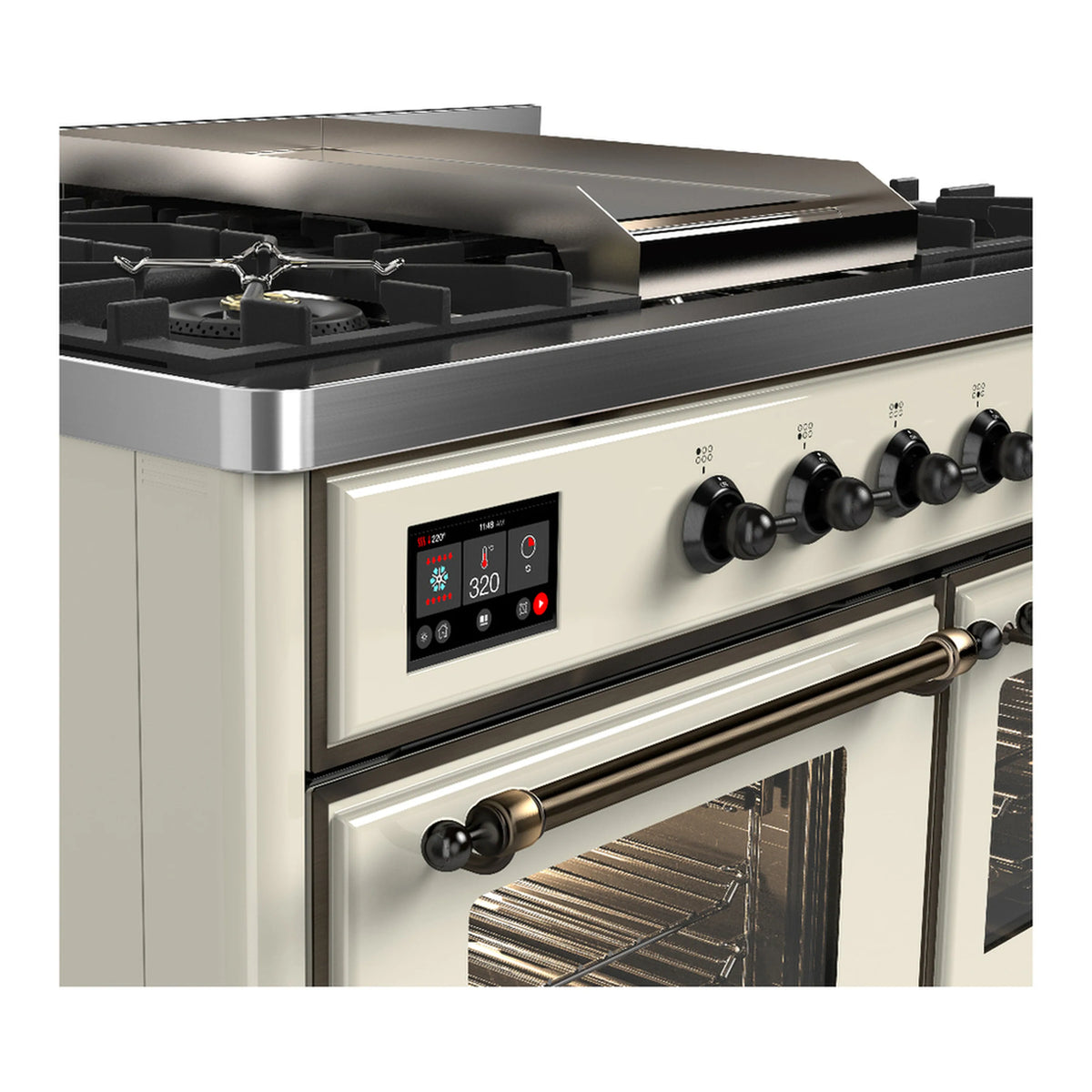 Antique white dual fuel range with black gas burners, griddle, and control knobs, oven doors