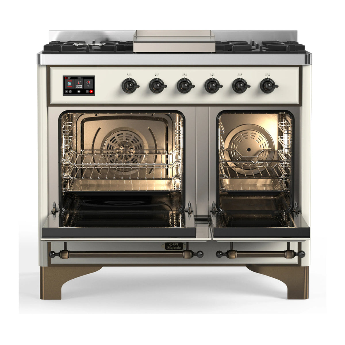 Antique white dual fuel range with both oven doors open, visible racks and fans
