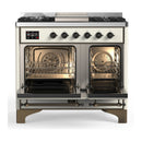 ILVE Majestic III 40-inch Dual Fuel Range with 6 Natural Gas Burner, Griddle and Triple Glass Door Electric Oven in Antique White with Burnished Trim (UMD40FNR3AWB)