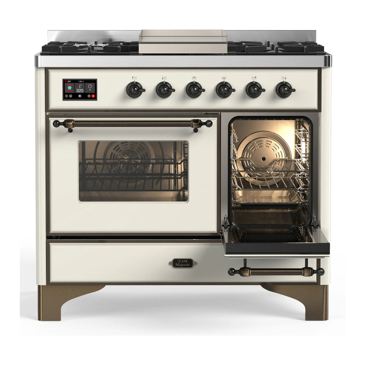 Antique white dual fuel range showing left oven window and right oven interior with racks