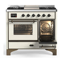 ILVE Majestic III 40-inch Dual Fuel Range with 6 Natural Gas Burner, Griddle and Triple Glass Door Electric Oven in Antique White with Burnished Trim (UMD40FNR3AWB)