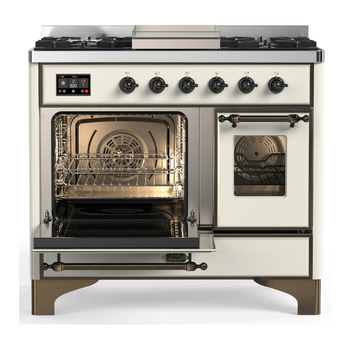 Antique white dual fuel range with both ovens open and oven handles; control panel above
