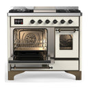 ILVE Majestic III 40-inch Dual Fuel Range with 6 Natural Gas Burner, Griddle and Triple Glass Door Electric Oven in Antique White with Burnished Trim (UMD40FNR3AWB)