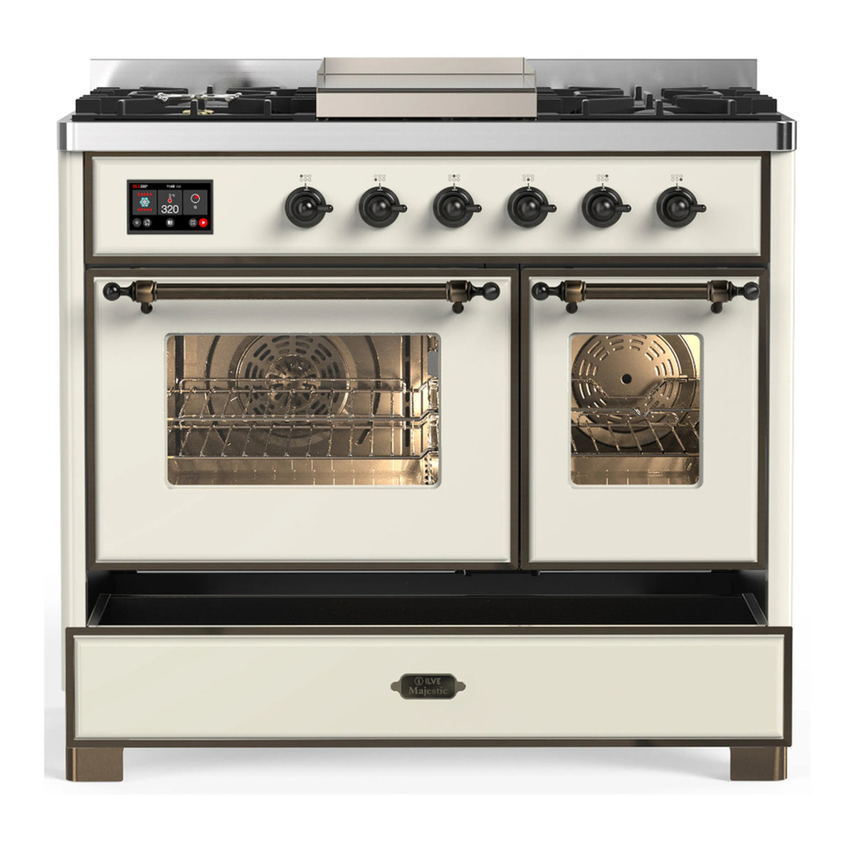 Antique white dual fuel range with six knobs and lit oven windows on double doors