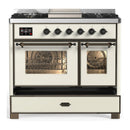 ILVE Majestic III 40-inch Dual Fuel Range with 6 Natural Gas Burner, Griddle and Triple Glass Door Electric Oven in Antique White with Burnished Trim (UMD40FNR3AWB)