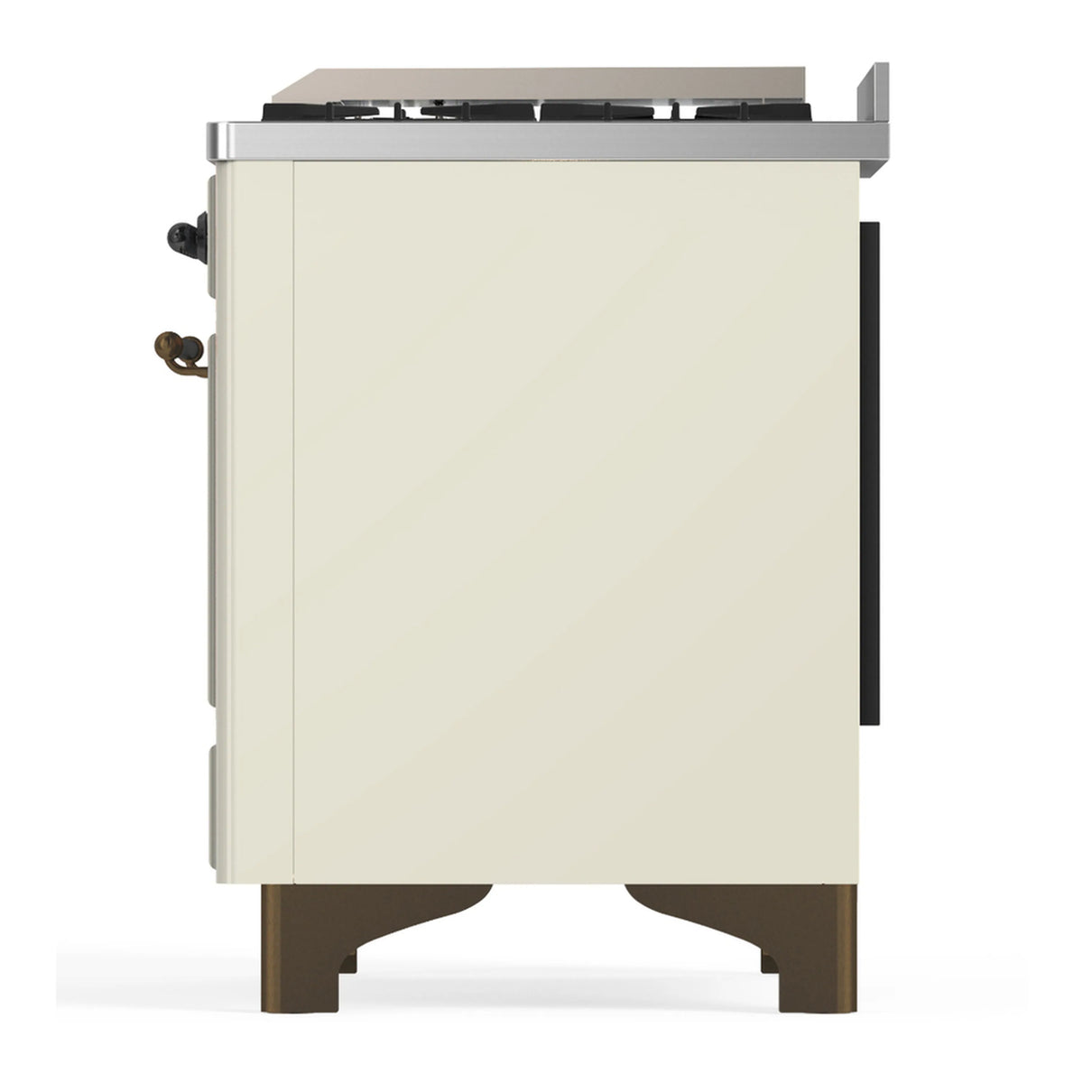 Antique white dual fuel range side panel with dark control knobs and brown feet