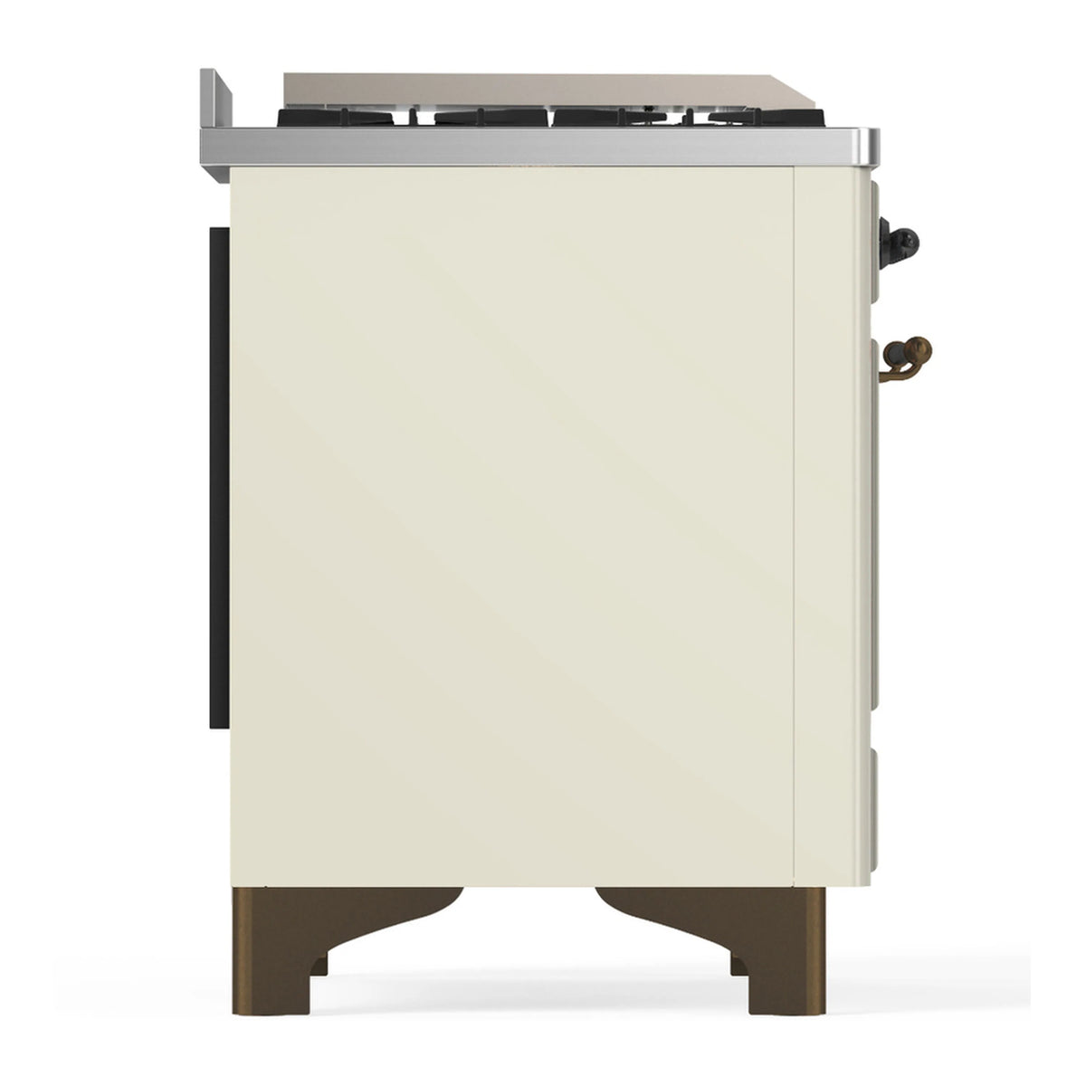 Antique white dual fuel range other side view with dark knobs and brown base