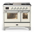 ILVE Majestic III 40-inch Dual Fuel Range with 6 Natural Gas Burner, Griddle and Triple Glass Door Electric Oven in Antique White with Chrome Trim (UMD40FNR3AWC)