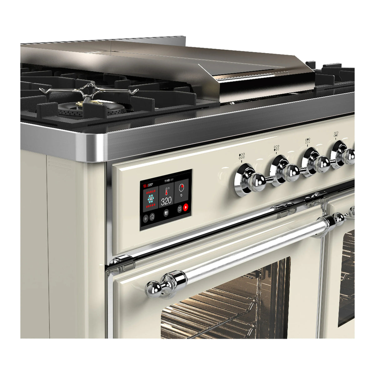 Dual fuel range front with 6 gas burners, chrome control knobs, and oven window