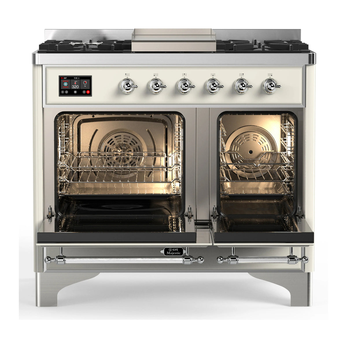 Dual fuel range with two open ovens, chrome knobs, and lit interior racks