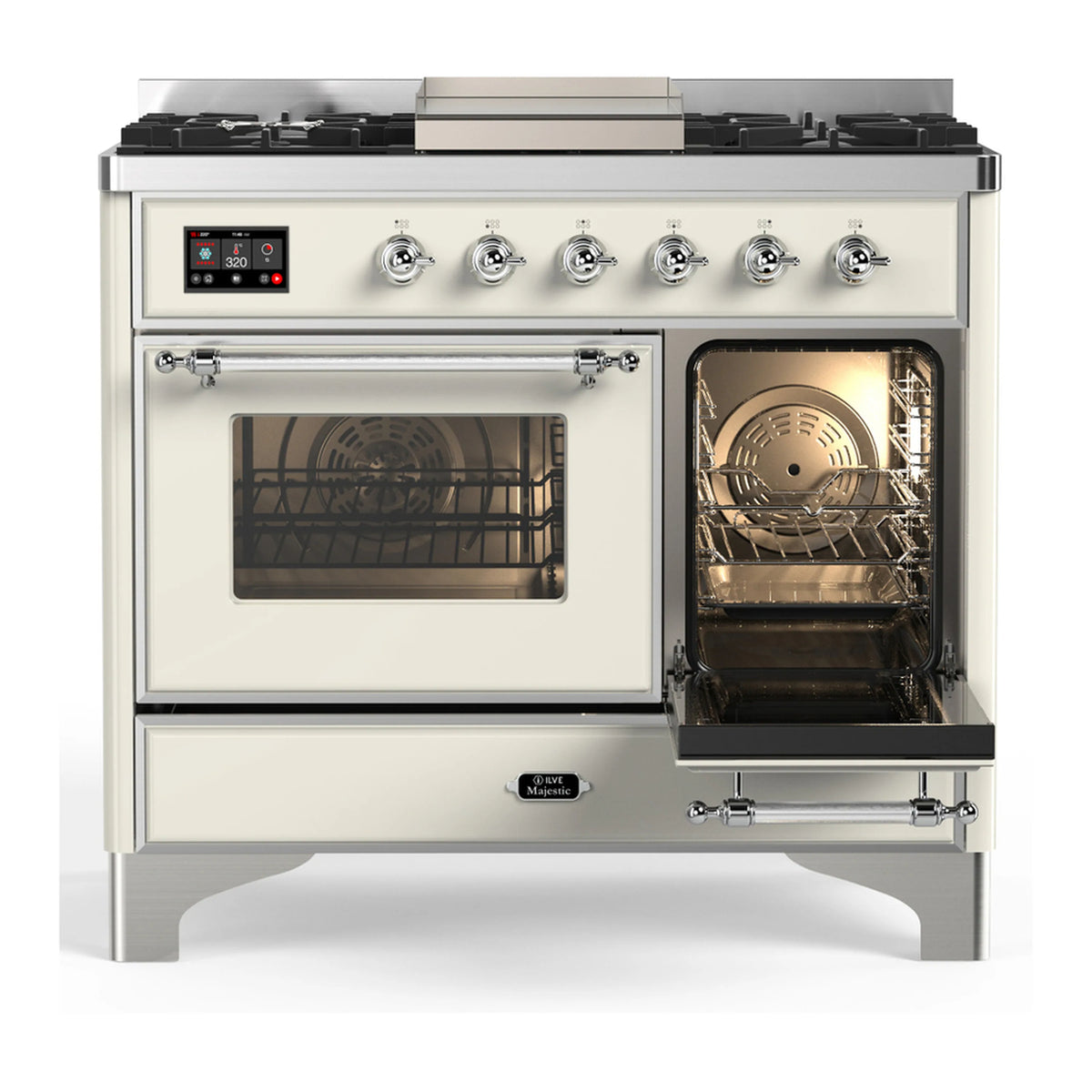 Dual fuel range with open oven doors and control panel with chrome burner knobs