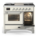 ILVE Majestic III 40-inch Dual Fuel Range with 6 Natural Gas Burner, Griddle and Triple Glass Door Electric Oven in Antique White with Chrome Trim (UMD40FNR3AWC)