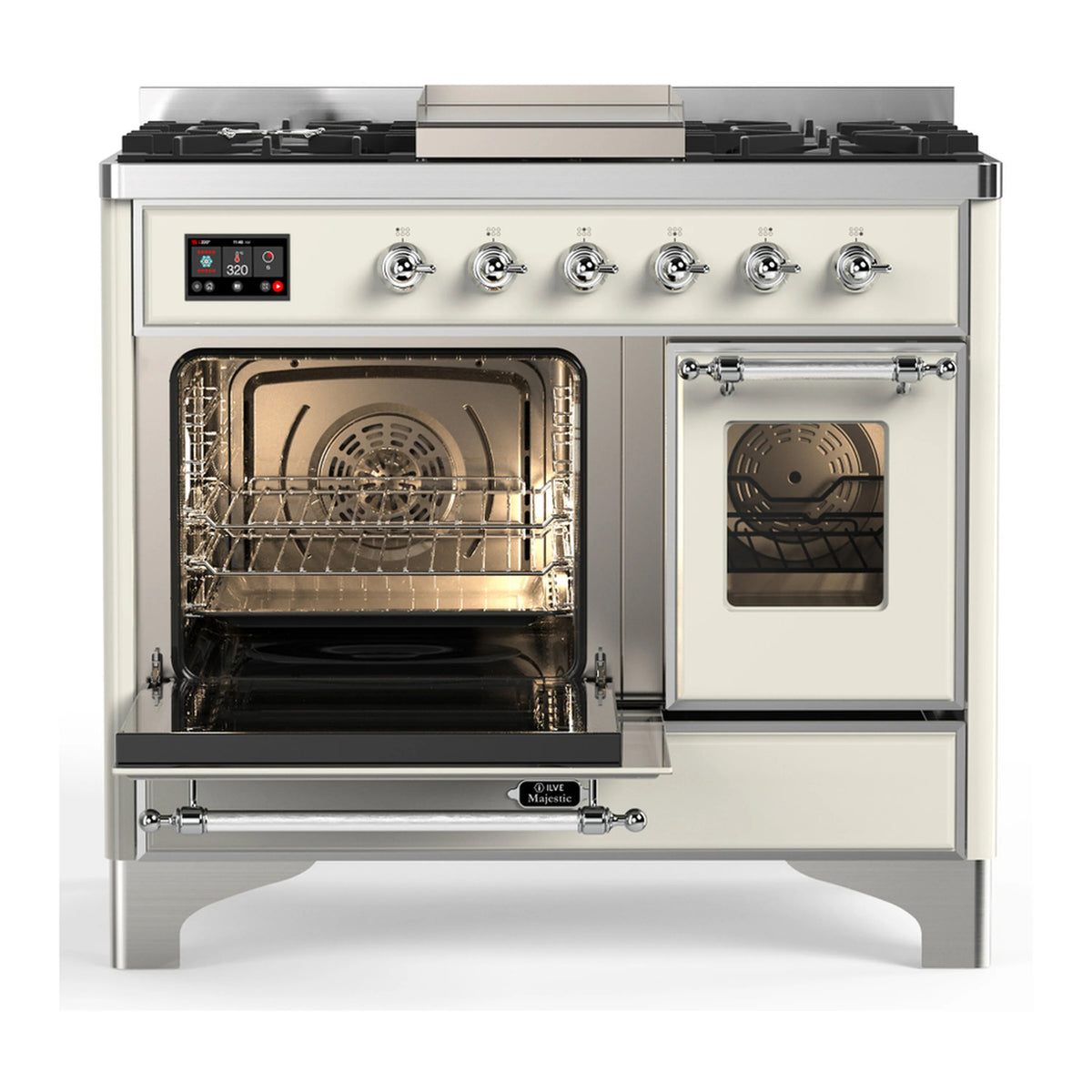 Dual fuel range with one oven door open and two glass windows; chrome trim