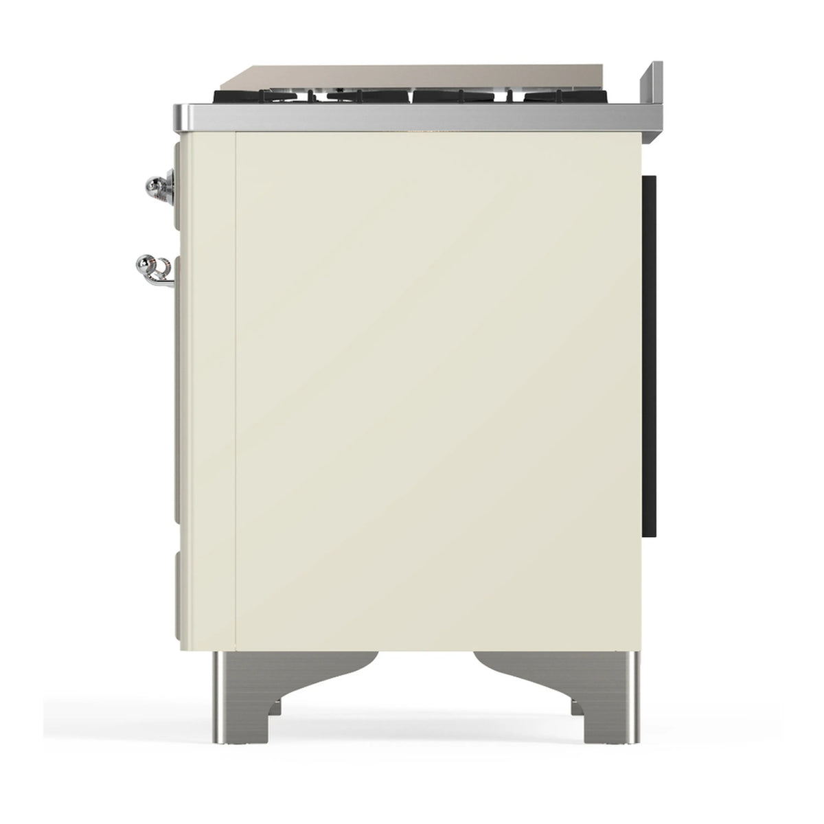 Antique white dual fuel range side panel with stainless trims and control knobs