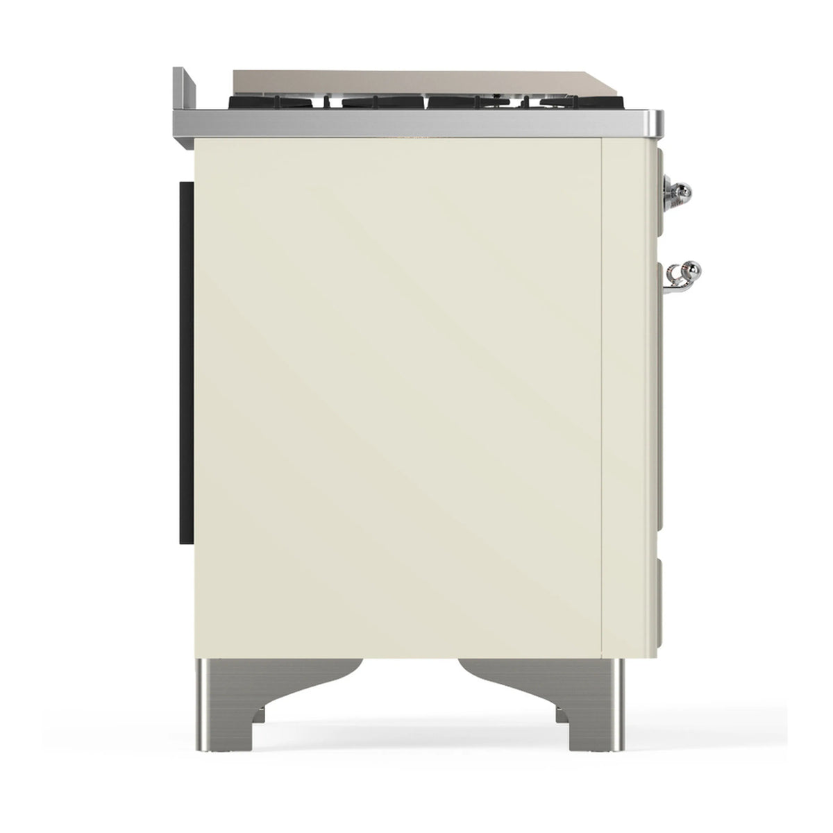 Antique white dual fuel range back/side view with black side cover and chrome legs
