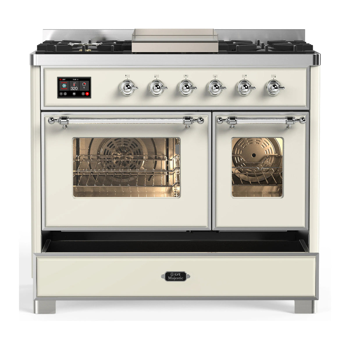 Dual fuel range front view with two oven doors, burner knobs, and open storage drawer