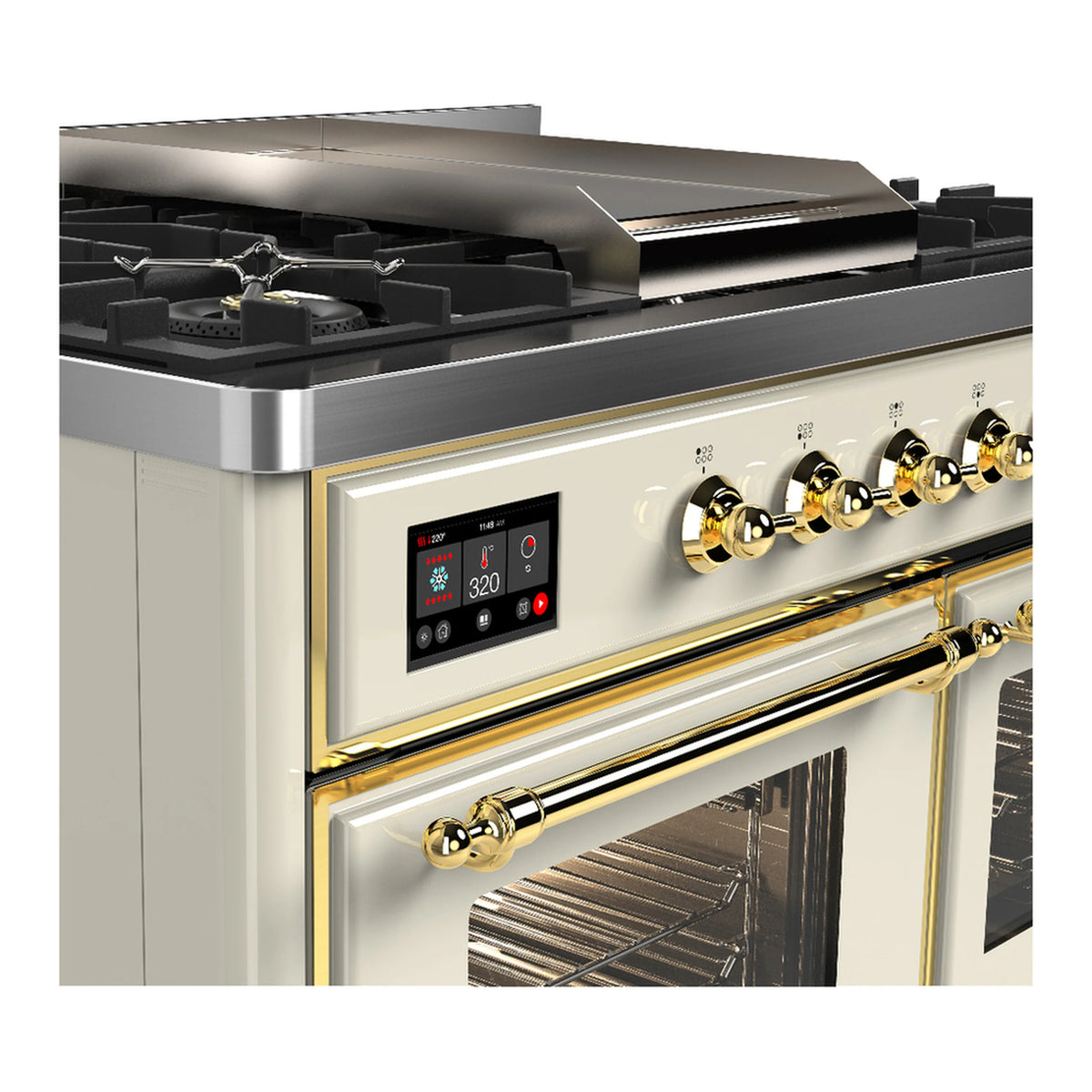 Antique white dual fuel range with brass knobs and windowed oven door