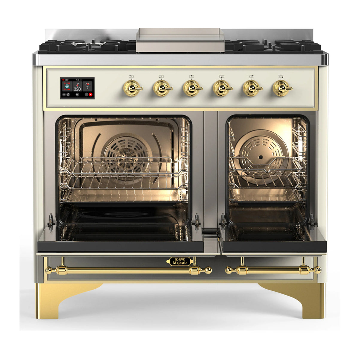 Antique white dual fuel range with open dual ovens and brass control knobs