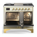 ILVE Majestic III 40-inch Dual Fuel Range with 6 Natural Gas Burner, Griddle and Triple Glass Door Electric Oven in Antique White with Brass Trim (UMD40FNR3AWG)