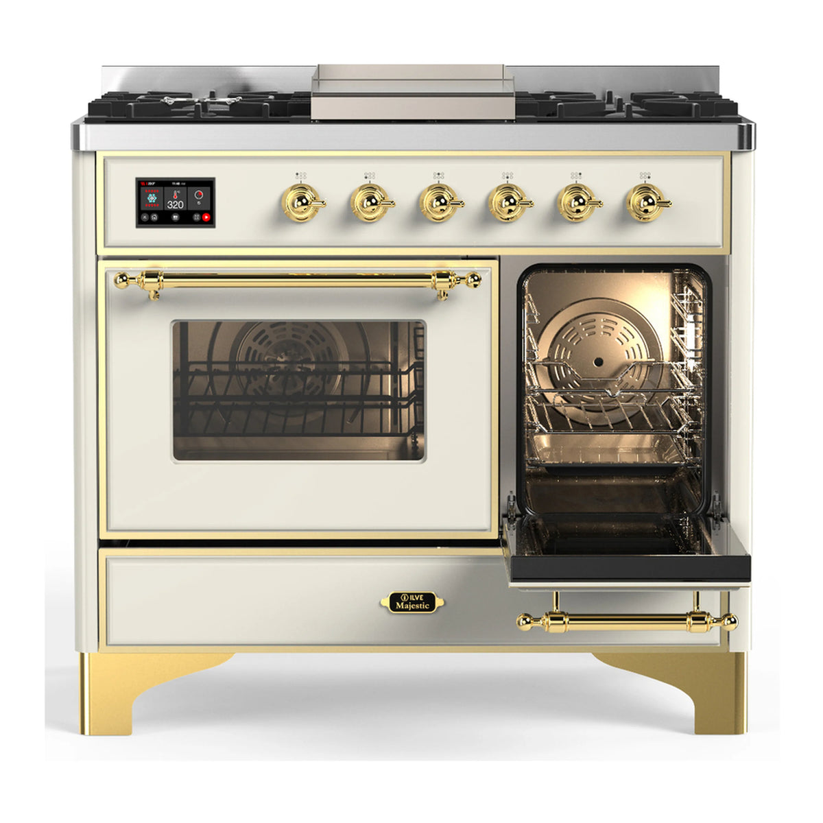 Antique white dual fuel range with left oven window and open right oven