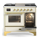 ILVE Majestic III 40-inch Dual Fuel Range with 6 Natural Gas Burner, Griddle and Triple Glass Door Electric Oven in Antique White with Brass Trim (UMD40FNR3AWG)