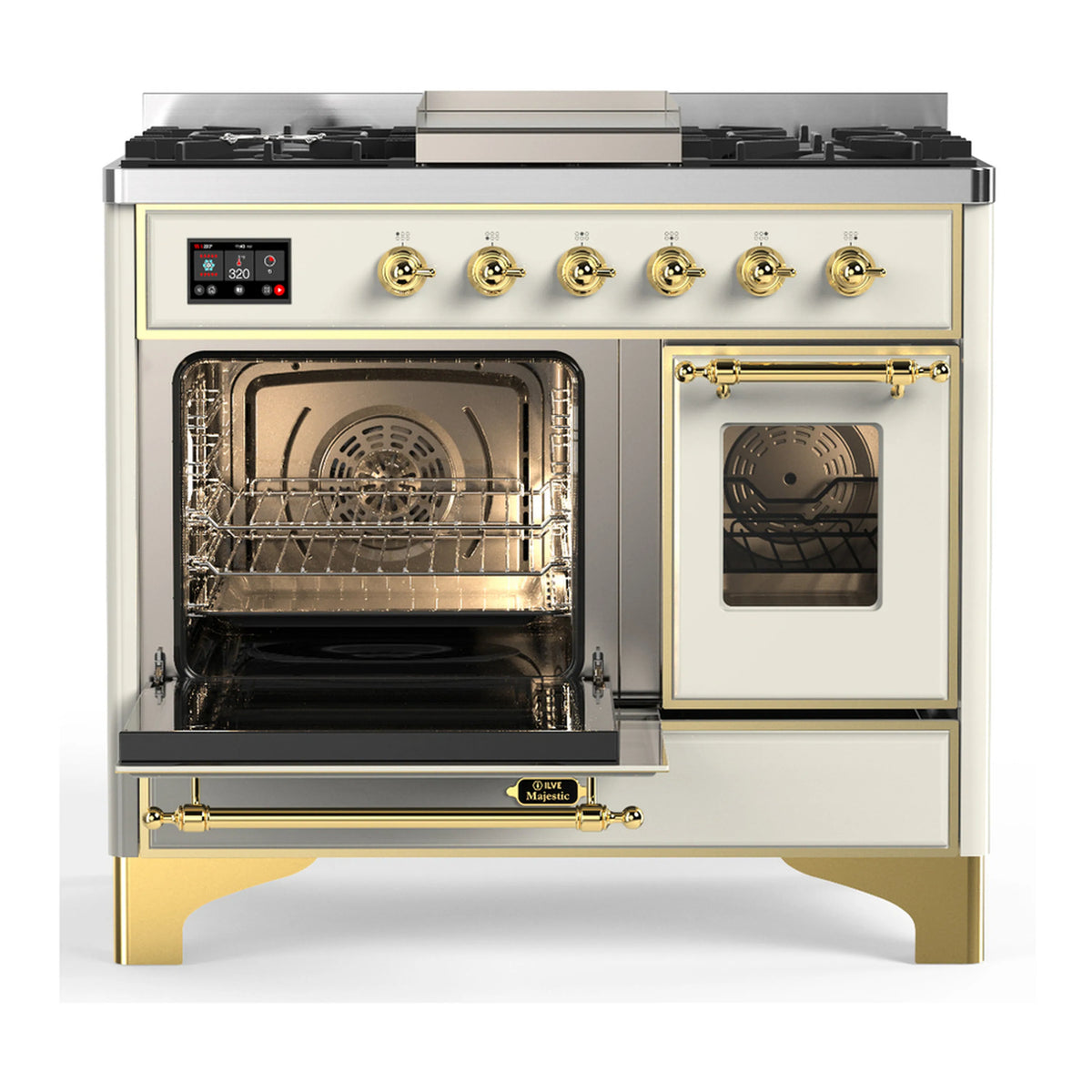 Antique white dual fuel range with open oven cavity, brass trim, and control panel