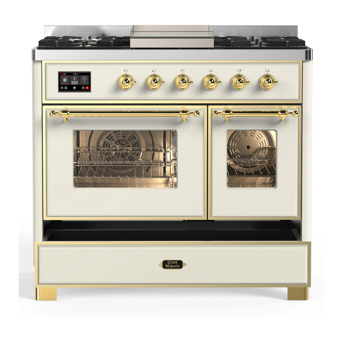 Antique white dual fuel range with two oven doors and open storage drawer
