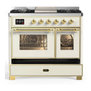 ILVE Majestic III 40-inch Dual Fuel Range with 6 Natural Gas Burner, Griddle and Triple Glass Door Electric Oven in Antique White with Brass Trim (UMD40FNR3AWG)